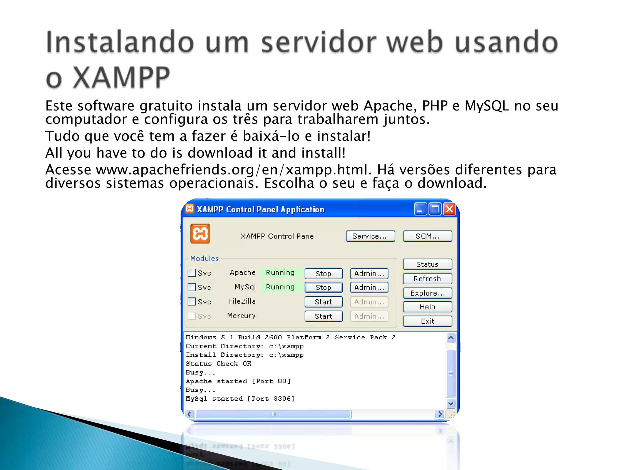 1. Front-End: É o seu site da forma que seus visitantes e usuários registrados vêem.2. Back-End: É a área de administração, onde você define como será a estrutura vísivel de seu site, assim como os recursos do Joomla! que serão utilizados na implementação de seu site. Eg.: Configuração, manutenção, limpeza, criação de estátisticas, áreas restritas aos usuários registrados e criação de novos conteúdos. o Back-End fica numa URL diferente do site.Estrutura do Joomla!