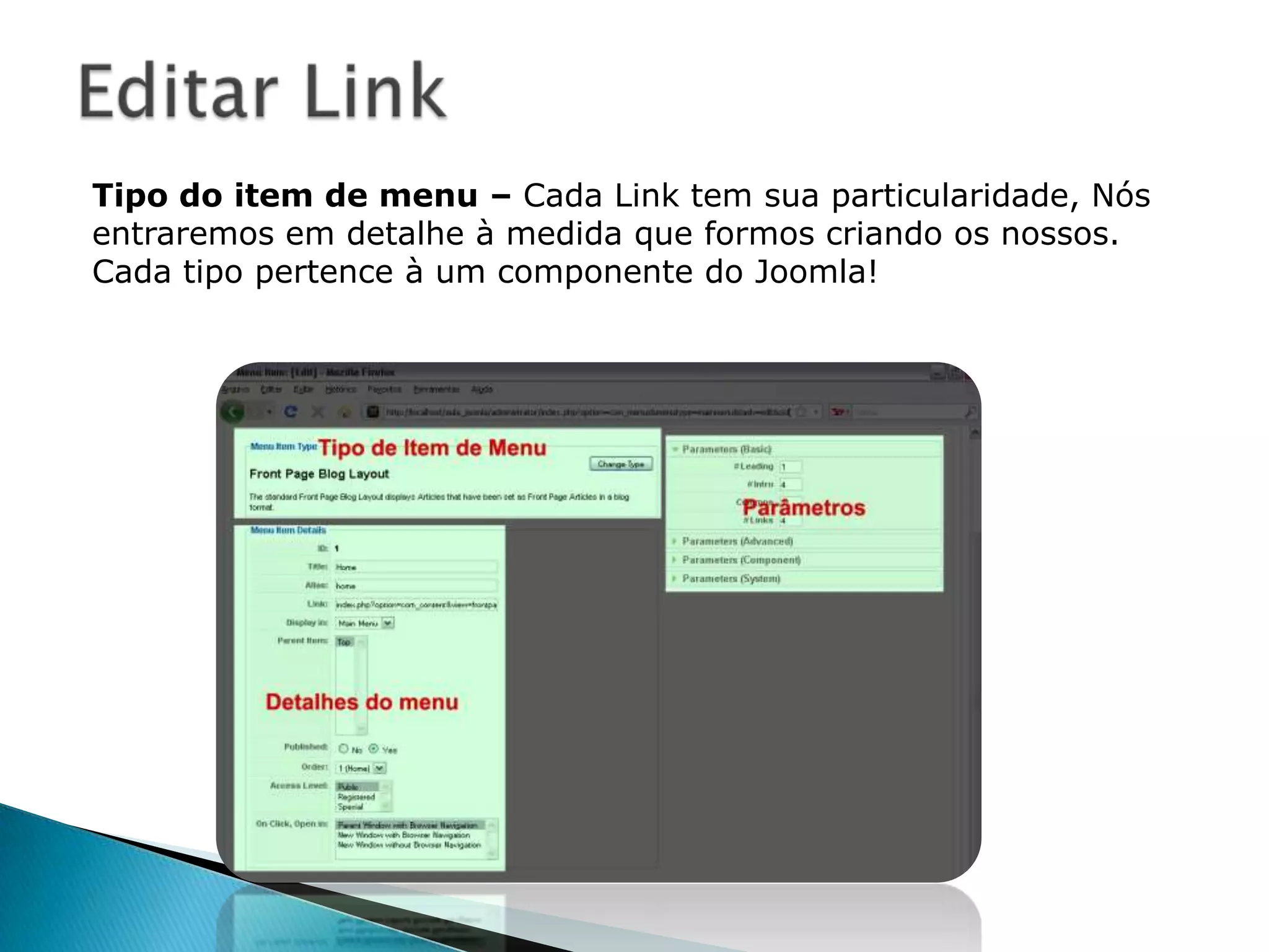 A primeira tela você escolhe a linguagem de instalação do Joomla!, na segunda, mostra as configurações boas pro Joomla!OBS: Se a opção “configuration.phpwritable” estiver marcada “no” no final da instalação, deveremos copiar um código e criar o arquivo “configuration.php” na pasta “joomlabeta”Primeira e segunda telas