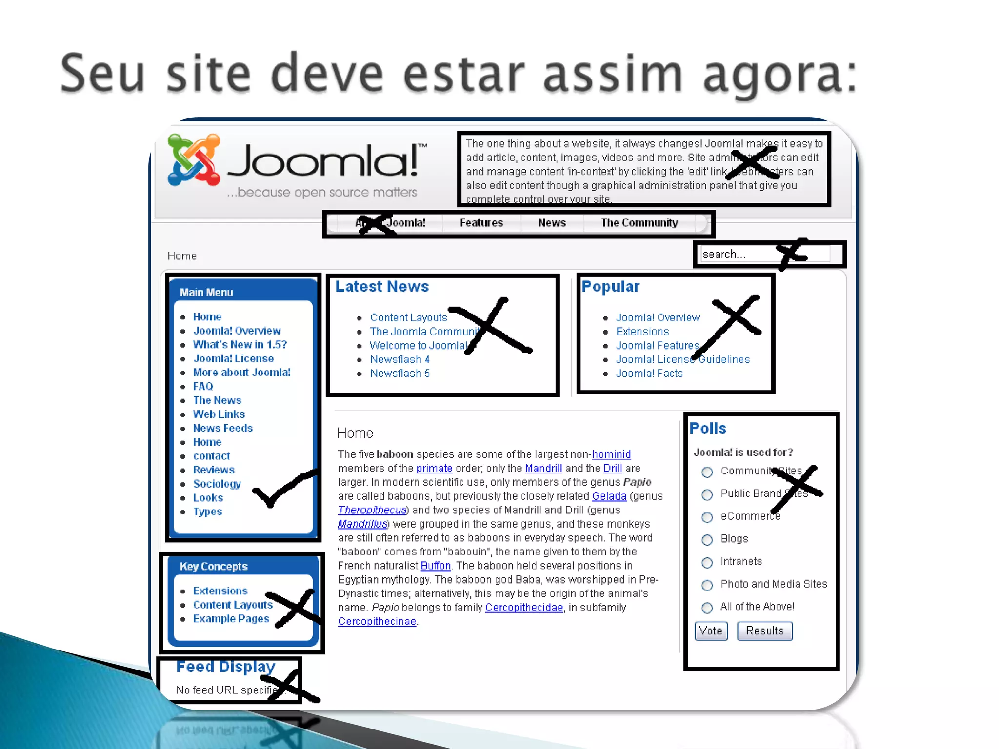Instalando “Exemplo de Conteúdos”Eu recomendo a você instalar os exemplos de Conteúdos apenas neste primeiro site, para que você tenha uma visão geral do Joomla! . A instalação destes exemplos, gera código e configurações desnecessárias, acarretando em mais peso ao seu website. Após o término deste material, você estará apto a configurar seu site em J! Apenas com os recursos que julgue necessários. Quando você estiver seguro para proceder desta forma, não clique em “instalar exemplo de conteúdos” e clique em próximo. Aparecerá um alerta avisando que nenhum conteúdo foi instalado e pergunta se você deseja prosseguir. Clique em OK e termine a instalação como de costume.