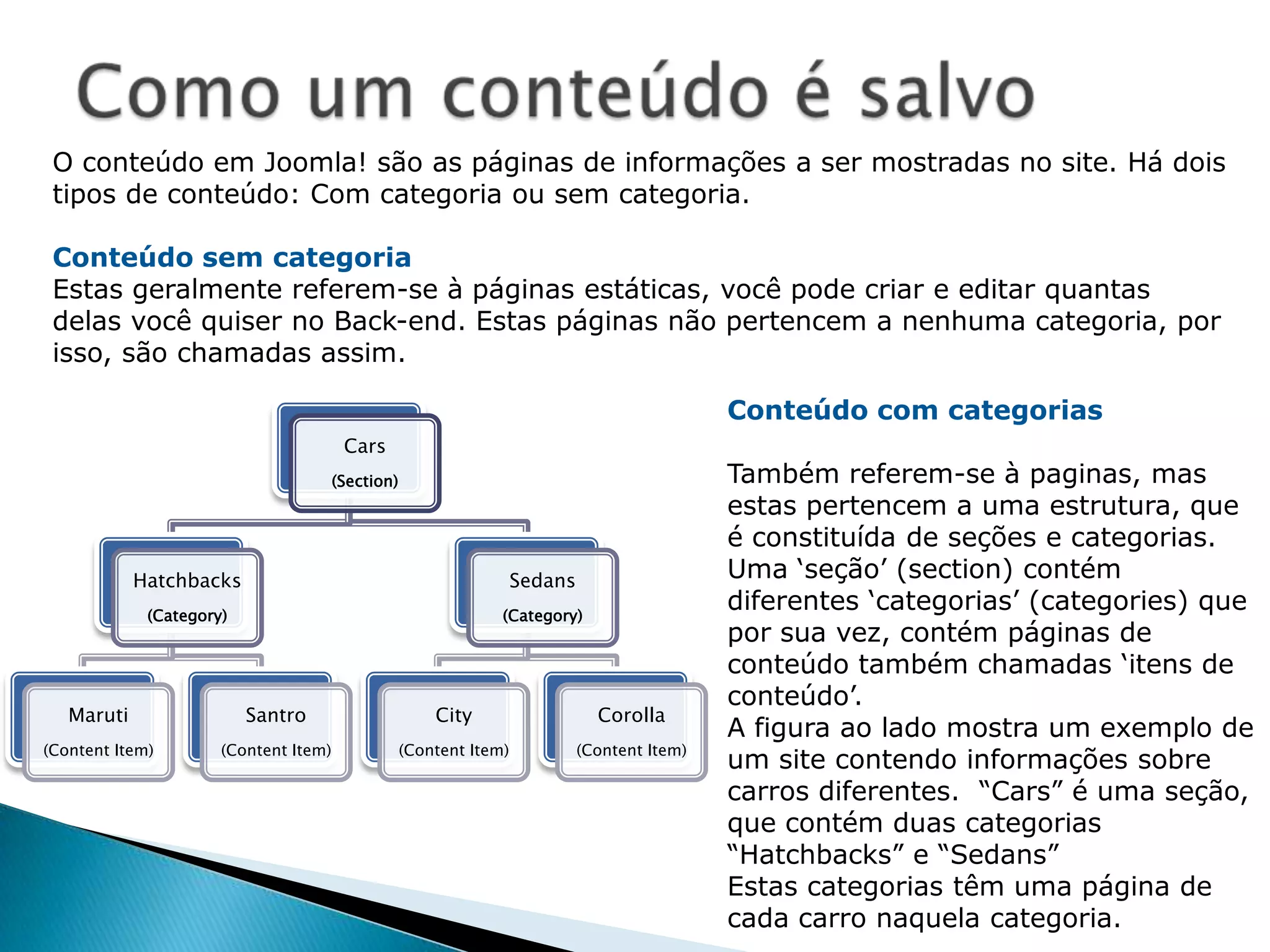 Quandoalguémvisita o website, O front-end mostra o conteúdoda base de dados, de maneiraorganizada, definidaporvocêutilizando a áreaadministrativa.Básicos do Joomla!Front-Endwww.sitename.comAdministraçãowww.sitename.com/administratorBase de Dados(BD)