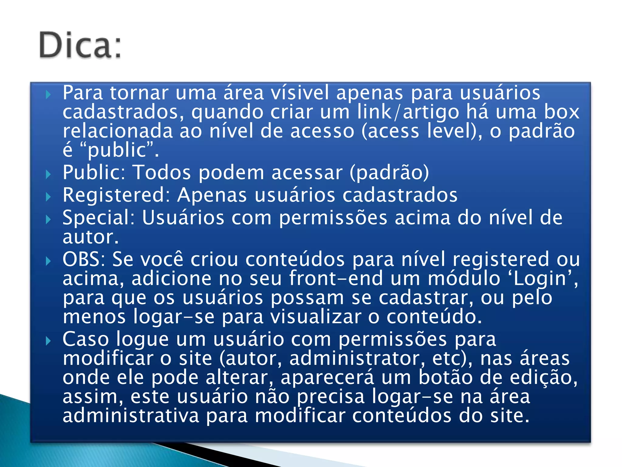 Vinculando ao artigoNa área superior, direita desta página, você verá uma caixa nomeada ‘Parâmetros de Item de Menu’ (Menu item parameters). Nesta Caixa, clique no botão ‘selecionar’ próximo ao campo ‘selecionar artigo’ para especificar qual artigo será mostrado quando o link for clicadoUma janela popup aparecerá com uma lista de todas as páginas. Você deve dar um clique-duplo na página em que quer criar o vínculo com este item de menu.Fazendo isto, você seleciona o artigo/página que será mostrado quando um usuário clicar neste link que estamos criando.Agora, o campo ‘selecionar artigo’ mostrará o nome da página que você selecionou.Agora clique no botão ‘salvar’, você será levado ao “Gerenciamento de Menu” para o Main menu, e o link que você acabou de criar estará nesta lista.