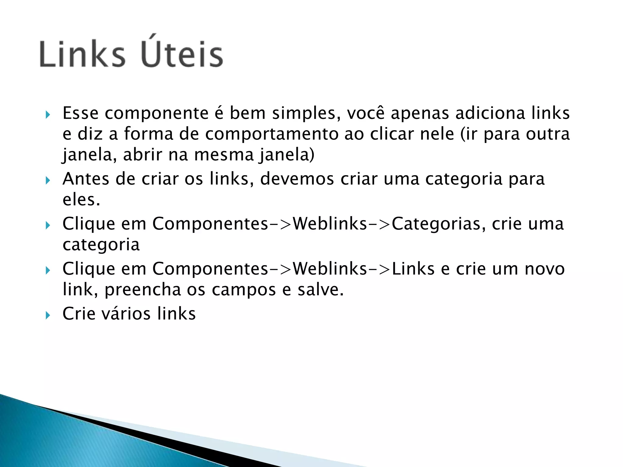 Em uma instalação padrão do Joomla!, há um link ‘home’ no menu principal por padrão, mas nós não o manteremos. Agora, crie os links para as outras páginas, repetindo o procedimento anterior.Se você visualizar seu front-end ‘localhost/joomlabeta’ ou clique no link ‘pré-visualização’ no canto superior direito, você verá a existência de dois links ‘Home’. O segundo é aquele que você criou. Clique nele e ele mostrará a a página que você criou.Se você já criou os links para os outros artigos, você será capaz de visualizá-lo como na figura abaixo, se não, crie-os agora.Visualizando nossos links no Front-End