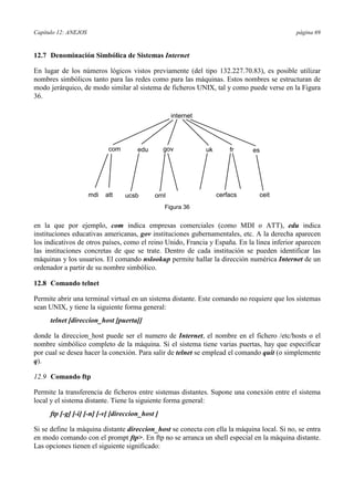 Capítulo 12: ANEJOS página 69
12.7 Denominación Simbólica de Sistemas Internet
En lugar de los números lógicos vistos previamente (del tipo 132.227.70.83), es posible utilizar
nombres simbólicos tanto para las redes como para las máquinas. Estos nombres se estructuran de
modo jerárquico, de modo similar al sistema de ficheros UNIX, tal y como puede verse en la Figura
36.
internet
com edu gov uk fr es
mdi att ucsb ornl cerfacs ceit
Figura 36
en la que por ejemplo, com indica empresas comerciales (como MDI o ATT), edu indica
instituciones educativas americanas, gov instituciones gubernamentales, etc. A la derecha aparecen
los indicativos de otros países, como el reino Unido, Francia y España. En la línea inferior aparecen
las instituciones concretas de que se trate. Dentro de cada institución se pueden identificar las
máquinas y los usuarios. El comando nslookup permite hallar la dirección numérica Internet de un
ordenador a partir de su nombre simbólico.
12.8 Comando telnet
Permite abrir una terminal virtual en un sistema distante. Este comando no requiere que los sistemas
sean UNIX, y tiene la siguiente forma general:
telnet [direccion_host [puerta]]
donde la direccion_host puede ser el numero de Internet, el nombre en el fichero /etc/hosts o el
nombre simbólico completo de la máquina. Si el sistema tiene varias puertas, hay que especificar
por cual se desea hacer la conexión. Para salir de telnet se emplead el comando quit (o simplemente
q).
12.9 Comando ftp
Permite la transferencia de ficheros entre sistemas distantes. Supone una conexión entre el sistema
local y el sistema distante. Tiene la siguiente forma general:
ftp [-g] [-i] [-n] [-v] [direccion_host ]
Si se define la máquina distante direccion_host se conecta con ella la máquina local. Si no, se entra
en modo comando con el prompt ftp>. En ftp no se arranca un shell especial en la máquina distante.
Las opciones tienen el siguiente significado:
 