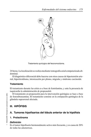173
Enfermedades del sistema endocrino
Editorial
Alfil.
Fotocopiar
sin
autorización
es
un
delito.
E
Tratamiento quirúrgico del feocromocitoma.
24 horas. La localización se realiza mediante tomografía axial computarizada ab-
dominal.
El diagnóstico diferencial debe hacerse con otras causas de hipertensión arte-
rial, hipertiroidismo, intoxicación por plomo, migraña y síndrome carcinoide.
Tratamiento
El tratamiento durante las crisis es a base de fentolamina, y ante la presencia de
taquicardia la administración de propranolol.
El tratamiento en preparación para la intervención quirúrgica se hace a base
de fenoxibenzamina. El tratamiento consiste en la extirpación quirúrgica de la
glándula suprarrenal afectada.
III. HIPÓFISIS
A. Tumores hipofisarios del lóbulo anterior de la hipófisis
1. Prolactinoma
Definición
Es el tumor hipofisario hormonalmente activo más frecuente, y es causa de 20%
de todas las amenorreas.
 
