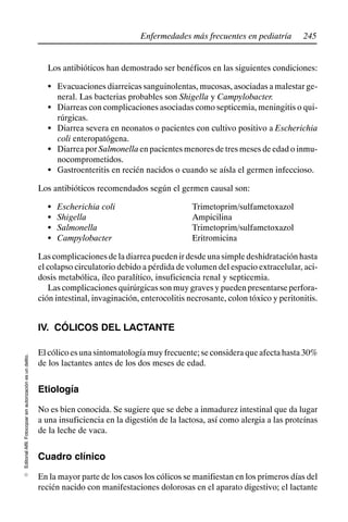 245
Enfermedades más frecuentes en pediatría
Editorial
Alfil.
Fotocopiar
sin
autorización
es
un
delito.
E
Los antibióticos han demostrado ser benéficos en las siguientes condiciones:
S Evacuaciones diarreicas sanguinolentas, mucosas, asociadas a malestar ge-
neral. Las bacterias probables son Shigella y Campylobacter.
S Diarreas con complicaciones asociadas como septicemia, meningitis o qui-
rúrgicas.
S Diarrea severa en neonatos o pacientes con cultivo positivo a Escherichia
coli enteropatógena.
S Diarrea por Salmonella en pacientes menores de tres meses de edad o inmu-
nocomprometidos.
S Gastroenteritis en recién nacidos o cuando se aísla el germen infeccioso.
Los antibióticos recomendados según el germen causal son:
S Escherichia coli Trimetoprim/sulfametoxazol
S Shigella Ampicilina
S Salmonella Trimetoprim/sulfametoxazol
S Campylobacter Eritromicina
Las complicaciones de la diarrea pueden ir desde una simple deshidratación hasta
el colapso circulatorio debido a pérdida de volumen del espacio extracelular, aci-
dosis metabólica, íleo paralítico, insuficiencia renal y septicemia.
Las complicaciones quirúrgicas son muy graves y pueden presentarse perfora-
ción intestinal, invaginación, enterocolitis necrosante, colon tóxico y peritonitis.
IV. CÓLICOS DEL LACTANTE
El cólico es una sintomatología muy frecuente; se considera que afecta hasta 30%
de los lactantes antes de los dos meses de edad.
Etiología
No es bien conocida. Se sugiere que se debe a inmadurez intestinal que da lugar
a una insuficiencia en la digestión de la lactosa, así como alergia a las proteínas
de la leche de vaca.
Cuadro clínico
En la mayor parte de los casos los cólicos se manifiestan en los primeros días del
recién nacido con manifestaciones dolorosas en el aparato digestivo; el lactante
 