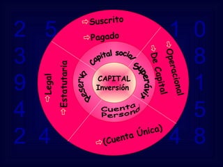 2  5  8  9  7  1  0  3  6  4  5  2  1  8  9  6  5  4  0  2  1  4  8  7  9  8  3  5  2  4  1  9  3  1  4  8 CAPITAL Inversión  (Cuenta Única) Legal Estatutaria Operacional De Capital Suscrito Pagado Capital social Superávit Cuenta Personal Reserva 