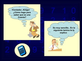 2  5  8  9  7  1  0  3  6  4  5  2  1  8  9  6  5  4  0  2  1  4  8  7  9  8  3  5  2  4  1  9  3  1  4  8 ¿Cómo hago para saber que es una Cuenta? !Contador, Amigo! Es muy sencillo.. En la siguiente lamina te lo explico  