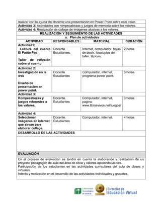 realizar con la ayuda del docente una presentación en Power Point sobre este valor.
Actividad 3: Actividades con rompecabezas y juegos de memoria sobre los valores.
Actividad 4: Realización de collage de imágenes alusivas a los valores.
REALIZACIÓN Y SEGUIMIENTO DE LAS ACTIVIDADES
a. Plan de actividades
ACTIVIDAD
RESPONSABLES
MATERIAL
DURACIÓN
Actividad1:
Lectura del cuento Docente
Internet, computador, hojas 2 horas
El Patito Feo
Estudiantes.
de block, fotocopias del
taller, lápices.
Taller de reflexión
sobre el cuento
Actividad 2:
Investigación en la
web
Diseño de
presentación en
power point.
Actividad 3:
Rompecabezas y
juegos referentes a
los valores.

Docente
Estudiantes

Computador, internet,
programa power point.

Docente.
Estudiantes

Computador, internet,
3 horas
pagina:
www.librosvivos.net/juegos/

Actividad 4:
Seleccionar
Docente.
imágenes en internet Estudiantes
que sirvan para
elaborar collage.
DESARROLLO DE LAS ACTIVIDADES

Computador, internet.

3 horas

4 horas

EVALUACIÓN
En el proceso de evaluación se tendrá en cuenta la elaboración y realización de un
proyecto pedagógico de aula del área de ética y valores aplicando las tics.
Participación de los estudiantes en las actividades curriculares del aula de clases y
virtuales.
Interés y motivación en el desarrollo de las actividades individuales y grupales.

 