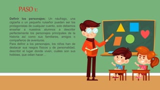PASO 1:
Definir los personajes: Un náufrago, una
cigüeña o un pequeño ruiseñor pueden ser los
protagonistas de cualquier cuento, solo debemos
enseñar a nuestros alumnos a describir
perfectamente los personajes principales de la
historia así como sus familiares, amigos o
compañeros de aventuras.
Para definir a los personajes, los niños han de
destacar sus rasgos físicos y de personalidad,
describir el lugar donde viven, cuáles son sus
hobbies, que odian hacer…
 