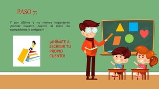 Y por último y no menos importante
¡Contar nuestro cuento al resto de
compañeros y amigos!!!
PASO 7:
¡ANÍMATE A
ESCRIBIR TU
PROPIO
CUENTO!
 