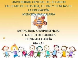 UNIVERSIDAD CENTRAL DEL ECUADOR
FACULTAD DE FILOSOFÍA, LETRAS Y CIENCIAS DE
LA EDUCACIÓN
MENCIÓN PARVULARIA
MODALIDAD SEMIPRESENCIAL
ELIZABETH DE LOURDES
CUNALATA GARCÍA
6to «A»
 
