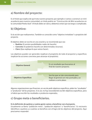 I. PROGRAMA DE FORMACIÓN. MODULO I. Aprendamos hacer proyectos comunitarios.16 17
Algunas organizaciones que financian, en vez de pedir objetivos específicos, piden los “resultados”
o “productos” de los proyectos. Si es así, no hay necesidad de escribir objetivos específicos, pero
si habrá que escribir los resultados o productos esperados.
c) Grupo meta o beneficiarios.
Es la definición de quiénes y cuánta gente vamos a beneficiar con el proyecto.
Usualmente se llama “población meta”, “población objetivo” o “beneficiarios”. Es necesario
identificar a quiénes y a cuántos se beneficia con el logro de los objetivos del proyecto. Aquí
precisamos responder:
a) Nombre del proyecto:
Es el título que explica de qué trata nuestro proyecto; por ejemplo si vamos a construir un mini
acueducto para nuestra comunidad, un titulo podría ser “Construcción de Mini acueductos en
la comunidad Piedra Azul”. El titulo debe ser claro y debemos evitar que sea largo o complicado.
b) Objetivo:
Es la acción que realizaremos. También es conocido como “objetivo inmediato” o propósito del
proyecto.
El objetivo debe ser escrito en una oración y se recomienda que sea:
• Realista (Si existen posibilidades reales de hacerlo).
• Concreto (Si podemos hacerlo con determinados recursos).
• Claro (Que explique lo que vamos hacer).
Los objetivos pueden ser generales (explican el propósito de todo el proyecto) y específicos
(explican las acciones concretas para alcanzar el propósito).
Objetivo General
Objetivos Específicos
Es un resultado que buscamos al
final de nuestro proyecto.
Son los que se irán concretando para
llegar al general; son más puntuales y se
realizan a corto plazo.
d) Justificación.
Es la explicación que permite argumentar sobre la importancia de nuestro proyecto para el
beneficio de la comunidad.
Es muy importante decir de manera breve la importancia y alcances del proyecto, tomando en
cuenta los beneficios que traerá. Esta parte responde a las siguientes preguntas:
• ¿Por qué es importante superar este problema (aprovechar esta oportunidad)?
• ¿Qué asuntos (económicos, sociales, ambientales) vamos a superar con el proyecto?
• ¿A quiénes vamos a beneficiar con la solución del problema?
e) Resultados esperados
Son los frutos o beneficios de nuestro proyecto.
También se conocen como las “metas”, “productos” o “beneficios” del proyecto. Estos pueden
ser materiales (construcción de obras) o inmateriales (mejora de conocimientos, defensa de
derechos, etc.). Debemos poner cantidades estimadas de “a quiénes” vamos a beneficiar:
¿Cuántas personas
resultarán beneficiadas
por el proyecto?
Definamos una cantidad estimada.
Definamos a quiénes (hombres, mujeres,
familias, pobladores).
 