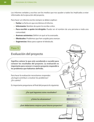I. PROGRAMA DE FORMACIÓN. MODULO I. Aprendamos hacer proyectos comunitarios.24 9
Los informes verbales y escritos son los medios que nos ayudan a todos los implicados a estar
informados de la ejecución del proyecto.
Para hacer un informe escrito siempre se deben explicar:
• Fecha: La fecha en que escribimos el informe.
• Informante: Nombre de quien lo escribe o dice.
• Para escribir a quién irá dirigido: Puede ser el nombre de una persona o toda una
comunidad.
• Avances existentes: Definir en qué se ha avanzado.
• Obstáculos: Problemas que han surgido para avanzar.
• Sugerencias: Ideas para superar el obstáculo.
Paso 2
Formulemos el diagnóstico
Es la explicación del problema que deseamos resolver o la oportunidad que deseamos
aprovechar.
También es conocido como antecedentes. Se trata del análisis, de la determinación del
contexto o de la definición de problemas.
Expectativas del futuro:
Son los lugares o situaciones que
deseamos alcanzar. Para ello se debe
escribir con nuestro (a) facilitador (a)
las respuestas de ¿cómo vemos el
futuro y qué debemos hacer para
alcanzar nuestro deseo de futuro a
nivel comunitario.
Vemos el futuro…
Lo que debemos hacer para
alcanzarlo.
Construir los caminos:
De manera colectiva y con la ayuda
de un facilitador señalamos nuestros
tres temas más importantes.Es preciso
incluir la opinión de todos y respetar
nuestra visión.
Los temas prioritarios
para alcanzarlos son…
¿Cuál es la situación de nuestra
comunidad?
¿Cuál es el principal problema que nos
afecta?
¿Cuál es la oportunidad que deseamos
aprovechar?
¿Cuál podría ser la mejor acción para
nuestra comunidad?
Paso 5:
Evaluación del proyecto
¿Por qué logramos estos resultados?
¿Cómo los alcanzamos?
¿Qué deberíamos mejorar para futuros proyectos?
Significa valorar lo que está sucediendo o sucedió para
conocer los resultados del proyecto. La evaluación es
importante para conocer si nuestro proyecto respondió a
los problemas que habíamos definido.
Para hacer la evaluación necesitamos responder:
¿Se logró contribuir a resolver los problemas?
¿En cuánto?
Es importante preguntarse al final del proyecto lo siguiente:
 