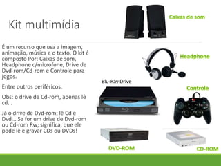 É um recurso que usa a imagem,
animação, música e o texto. O kit é
composto Por: Caixas de som,
Headphone c/microfone, Drive de
Dvd-rom/Cd-rom e Controle para
jogos.
Entre outros periféricos.
Obs: o drive de Cd-rom, apenas lê
cd...
Já o drive de Dvd-rom; lê Cd e
Dvd... Se for um drive de Dvd-rom
ou Cd-rom Rw; significa, que ele
pode lê e gravar CDs ou DVDs!
Kit multimídia
Blu-Ray Drive
 