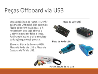 Peças Offboard via USB
Essas peças são as “SUBSTITUTAS”
das Placas Offboard, elas são mais
fáceis de serem instaladas, e ñ
necessitam que seja aberto o
Gabinete para ser feita a troca.
Facilitando assim, o uso imediato
da função que você precisa.
São elas: Placa de Som via USB,
Placa de Rede via USB e Placa de
Captura de TV via USB.
Placa de som USB
Placa de Rede USB
Placa Captura de TV USB
 