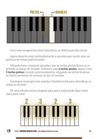 Com essa imagem fica fácil identificar as diferenças das teclas.
Agora observe mais profundamente e perceba que existe uma se-
quência de teclas padronizadas.
Olhando bem é possível perceber que as teclas pretas ficam se re-
petindo ao longo do teclado. Primeiro com 2 teclas pretas, depois com
3 teclas pretas e assim sucessivamente, enquanto as teclas brancas
se fazem presente do começo ao fim do teclado.
Conseguir enxergar esse padrão é fundamental para identificar as
notas no teclado.
Dê uma olhada nessa imagem para que a explicação fique mais
clara para você:
EBOOK: APRENDA PIANO DO ZERO - SEUS PRIMEIROS PASSOS NO TECLADO 16
 