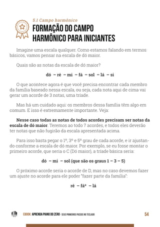 EBOOK: APRENDA PIANO DO ZERO - SEUS PRIMEIROS PASSOS NO TECLADO 54
5.1 Campo harmônico
FORMAÇÃO DO CAMPO
HARMÔNICO PARA INICIANTES
Imagine uma escala qualquer. Como estamos falando em termos
básicos, vamos pensar na escala de dó maior.
Quais são as notas da escala de dó maior?
dó – ré – mi – fá – sol – lá – si
O que acontece agora é que você precisa encontrar cada membro
da família baseado nessa escala, ou seja, cada nota aqui de cima vai
gerar um acorde de 3 notas, uma tríade.
Mas há um cuidado aqui: os membros dessa família têm algo em
comum. E isso é extremamente importante. Veja:
Nesse caso todas as notas de todos acordes precisam ser notas da
escala de dó maior. Teremos ao todo 7 acordes, e todos eles deverão
ter notas que não fugirão da escala apresentada acima.
Para isso basta pegar o 1º, 3º e 5º grau de cada acorde, e ir ajustan-
do conforme a escala de dó maior. Por exemplo, se eu fosse montar o
primeiro acorde, que seria o C (Dó maior), a tríade básica seria:
dó – mi – sol (que são os graus 1 – 3 – 5)
O próximo acorde seria o acorde de D, mas no caso devemos fazer
um ajuste no acorde para ele poder “fazer parte da família”:
ré – fá* – lá
 