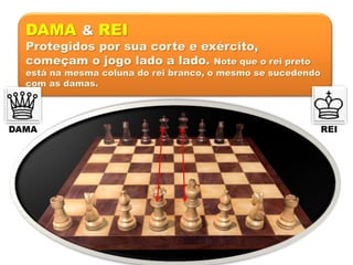 DAMA & REI
Protegidos por sua corte e exército,
começam o jogo lado a lado. Note que o rei preto
está na mesma coluna do rei branco, o mesmo se sucedendo
com as damas.
REIDAMA
 