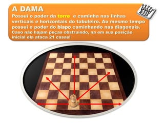 A DAMA
Possui o poder da torre e caminha nas linhas
verticais e horizontais do tabuleiro. Ao mesmo tempo
possui o poder do bispo caminhando nas diagonais.
Caso não hajam peças obstruindo, na em sua posição
inicial ela ataca 21 casas!
 