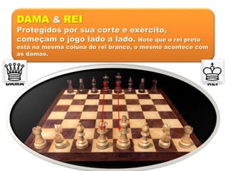 DAMA & REI
Protegidos por sua corte e exército,
começam o jogo lado a lado. Note que o rei preto
está na mesma coluna do rei branco, o mesmo acontece com
as damas.
REIDAMA
 