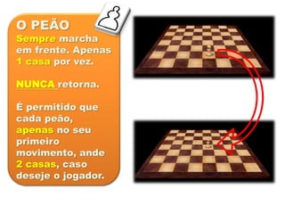 O PEÃO
Sempre marcha
em frente. Apenas
1 casa por vez.
NUNCA retorna.
É permitido que
cada peão,
apenas no seu
primeiro
movimento, ande
2 casas, caso
deseje o jogador.
 