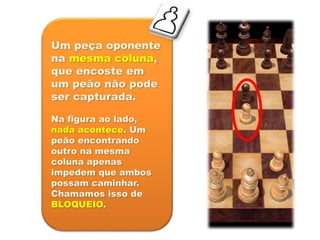 Um peça oponente
na mesma coluna,
que encoste em
um peão não pode
ser capturada.
Na figura ao lado,
nada acontece. Um
peão encontrando
outro na mesma
coluna apenas
impedem que ambos
possam caminhar.
Chamamos isso de
BLOQUEIO.
 