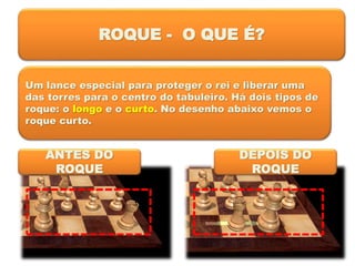 ROQUE - O QUE É?
Um lance especial para proteger o rei e liberar uma
das torres para o centro do tabuleiro. Há dois tipos de
roque: o longo e o curto. No desenho abaixo vemos o
roque curto.
ANTES DO
ROQUE
DEPOIS DO
ROQUE
 
