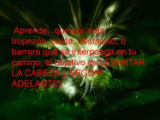 Aprende...que por más
tropezón, caída, obstáculo, o
barrera que se interponga en tu
camino, el objetivo es LEVANTAR
LA CABEZA y SEGUIR
ADELANTE!:
 