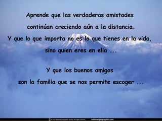 Aprende que las verdaderas amistades  continúan creciendo aún a la distancia. Y que lo que importa no es lo que tienes en la vida,  sino quien eres en ella ... Y que los buenos amigos  son la familia que se nos permite escoger ... 