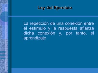 Ley del Ejercicio La repetición de una conexión entre el estímulo y la respuesta afianza dicha conexión y, por tanto, el aprendizaje  