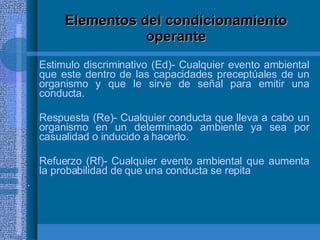 Elementos del condicionamiento operante Estimulo discriminativo (Ed)- Cualquier evento ambiental que este dentro de las capacidades preceptúales de un organismo y que le sirve de señal para emitir una conducta. Respuesta (Re)- Cualquier conducta que lleva a cabo un organismo en un determinado ambiente ya sea por casualidad o inducido a hacerlo. Refuerzo (Rf)- Cualquier evento ambiental que aumenta la probabilidad de que una conducta se repita . 