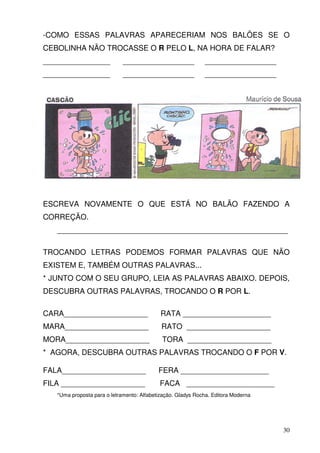 -COMO ESSAS PALAVRAS APARECERIAM NOS BALÕES SE O
CEBOLINHA NÃO TROCASSE O R PELO L, NA HORA DE FALAR?
________________             _________________               _________________
________________             _________________               _________________




ESCREVA NOVAMENTE O QUE ESTÁ NO BALÃO FAZENDO A
CORREÇÃO.
   _______________________________________________________

TROCANDO LETRAS PODEMOS FORMAR PALAVRAS QUE NÃO
EXISTEM E, TAMBÉM OUTRAS PALAVRAS...
* JUNTO COM O SEU GRUPO, LEIA AS PALAVRAS ABAIXO. DEPOIS,
DESCUBRA OUTRAS PALAVRAS, TROCANDO O R POR L.

CARA____________________                    RATA _____________________
MARA____________________                    RATO ____________________
MORA____________________                    TORA ____________________
* AGORA, DESCUBRA OUTRAS PALAVRAS TROCANDO O F POR V.

FALA____________________                   FERA _____________________
FILA ____________________                  FACA _____________________
   *Uma proposta para o letramento: Alfabetização. Gladys Rocha. Editora Moderna




                                                                                   30
 