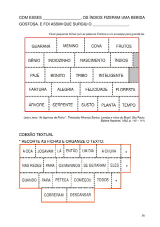 COM ESSES __________________, OS ÍNDIOS FIZERAM UMA BEBIDA
GOSTOSA. E FOI ASSIM QUE SURGIU O _________________.

                      Fazer pequenas fichas com as palavras Folclore e um envelope para guardá-las.



        GUARANÁ                    MENINO                 COVA                 FRUTOS


     GÊNIO            INDIOZINHO                 NASCIMENTO                   ÍNDIOS


       PAJÉ             BONITO               TRIBO              INTELIGENTE


      FARTURA                 ALEGRIA                FELICIDADE               FLORESTA


      ÁRVORE              SERPENTE                SUSTO           PLANTA            TEMPO

  Leia o texto “As lágrimas de Potira” : Theobaldo Miranda Santos. Lendas e mitos do Brasil. São Paulo:
                                                                  Editora Nacional, 1992. p. 140 – 141)




COESÃO TEXTUAL
* RECORTE AS FICHAS E ORGANIZE O TEXTO:

 A OCA       JOGAVAM          LÁ     ENTÃO        UM DIA           A CHUVA            .
 NAS REDES          PARA       OS MENINOS SE DEITARAM                     ELES        .
 QUANDO          PARA       PETECA         COMEÇOU             TODOS          .
                   CORRERAM             DESCANSAR




                                                                                                    36
 