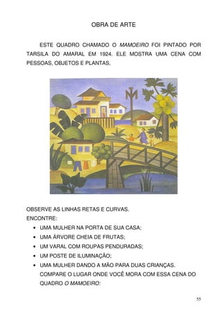 OBRA DE ARTE


    ESTE QUADRO CHAMADO O MAMOEIRO FOI PINTADO POR
TARSILA DO AMARAL EM 1924. ELE MOSTRA UMA CENA COM
PESSOAS, OBJETOS E PLANTAS.




OBSERVE AS LINHAS RETAS E CURVAS.
ENCONTRE:
  • UMA MULHER NA PORTA DE SUA CASA;
  • UMA ÁRVORE CHEIA DE FRUTAS;
  • UM VARAL COM ROUPAS PENDURADAS;
  • UM POSTE DE ILUMINAÇÃO;
  • UMA MULHER DANDO A MÃO PARA DUAS CRIANÇAS.
    COMPARE O LUGAR ONDE VOCÊ MORA COM ESSA CENA DO
    QUADRO O MAMOEIRO:

                                                      55
 