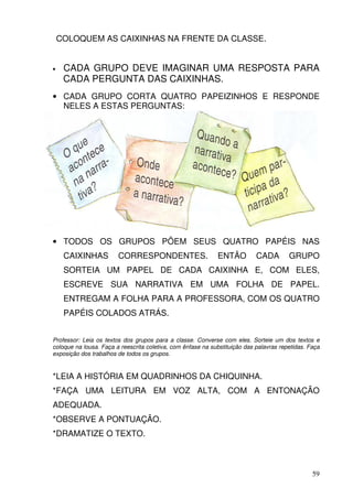 COLOQUEM AS CAIXINHAS NA FRENTE DA CLASSE.


•    CADA GRUPO DEVE IMAGINAR UMA RESPOSTA PARA
     CADA PERGUNTA DAS CAIXINHAS.
• CADA GRUPO CORTA QUATRO PAPEIZINHOS E RESPONDE
  NELES A ESTAS PERGUNTAS:




• TODOS OS GRUPOS PÕEM SEUS QUATRO PAPÉIS NAS
     CAIXINHAS          CORRESPONDENTES.                     ENTÃO          CADA        GRUPO
     SORTEIA UM PAPEL DE CADA CAIXINHA E, COM ELES,
     ESCREVE SUA NARRATIVA EM UMA FOLHA DE PAPEL.
     ENTREGAM A FOLHA PARA A PROFESSORA, COM OS QUATRO
     PAPÉIS COLADOS ATRÁS.


Professor: Leia os textos dos grupos para a classe. Converse com eles. Sorteie um dos textos e
coloque na lousa. Faça a reescrita coletiva, com ênfase na substituição das palavras repetidas. Faça
exposição dos trabalhos de todos os grupos.


*LEIA A HISTÓRIA EM QUADRINHOS DA CHIQUINHA.
*FAÇA UMA LEITURA EM VOZ ALTA, COM A ENTONAÇÃO
ADEQUADA.
*OBSERVE A PONTUAÇÃO.
*DRAMATIZE O TEXTO.



                                                                                                 59
 