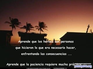 Aprende que los heroes son personas  que hicieron lo que era necesario hacer,  enfrentando las consecuencias ... Aprende que la paciencia requiere mucha práctica ... 