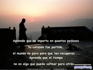 Aprende que no importa en quantos pedazos  tu corazon fue partido,  el mundo no para para que tev recuperes ... Aprende que el tiempo  no es algo que pueda voltear para atrás ... 