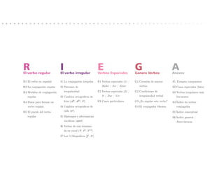 R
El verbo regular
                            I
                            El verbo irregular
                                                              E
                                                              Verbos Especiales
                                                                                            G
                                                                                            Genera Verbos
                                                                                                                         A
                                                                                                                         Anexos

R1 El verbo en español      I1 La conjugación irregular       E1  erbos especiales (1) /
                                                                 V                          G1 
                                                                                               Creación de nuevos        A1 Tiempos compuestos
R2 La conjugación regular   I2  atrones de
                               P                                 Haber / Ser / Estar           verbos                    A2  asos especiales (lista)
                                                                                                                            C
R3 Modelos de conjugación
                               irregularidad                 E2  erbos especiales (2) /
                                                                 V                          G2 Condiciones de
                                                                                                                        A3 
                                                                                                                            Verbos irregulares más
   regular                  I3  ambios ortográficos de
                               C                                 Ir / Dar / Ver                irregularidad verbal         frecuentes
R4 Pasos para formar un
                               letra (dei, dao, ia)          E3 Casos particulares         G3 ¿Es regular este verbo?   A4 
                                                                                                                            Índice de verbos
   verbo regular            I4  ambios ortográficos de
                               C                                                            G4 El conjugador Onoma          conjugados
R5 El puzzle del verbo
                               tilde (to)                                                                               A5 Índice conceptual
   regular                  I5  iptongos y alternancias
                               D                                                                                         A6 
                                                                                                                            Índice general /
                                vocálicas (aeo)                                                                             Abreviaturas
                            I6 Verbos de raíz termina-
                               
                                da en vocal (te, ito, ito*)
                            I7 Los 14 Magníficos (fc, i4)
 