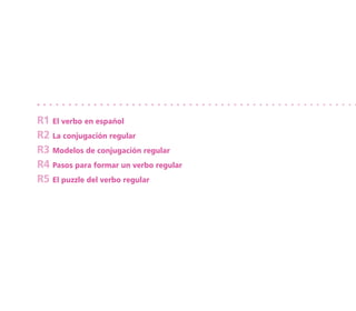 R1 El verbo en español
R2 La conjugación regular
R3 Modelos de conjugación regular
R4 Pasos para formar un verbo regular
R5 El puzzle del verbo regular
 