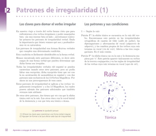 I2 Patrones de irregularidad (1)
            Las claves para domar el verbo irregular                                   Los patrones y sus condiciones
        En nuestro viaje a través del verbo hemos visto que para                    1 — Según la raíz:
           enfrentarnos a los verbos irregulares y poder manejarlos
                                                                                    Patrón t  : la sílaba tónica se encuentra en la raíz del ver-
                                                                                             o
           bien –sin una enorme lista al lado–, necesitamos contro-
                                                                                       bo. Encontramos este patrón en las irregularidades
           lar primero los patrones de irregularidad verbal. Dada
                                                                                       ortográficas de cambio de tilde (aúlle de aullar), las
           la importancia que tienen veamos qué son y profundice-
                                                                                       diptongaciones y alternancias de vocal (adquieren de
           mos en su naturaleza.
                                                                                       adquirir), y los cambios propios de los verbos cuya raíz
        Los patrones de irregularidad son formas flexivas verbales                     termina en vocal (río de reír). Afecta a las tres conju-
           que cumplen una determinada condición.                                      gaciones. Es el más común.
        Esta condición es fácilmente identificable en la forma verbal.
                                                                                    Patrón t  : la sílaba tónica cae en la raíz y la desinencia em-
                                                                                             e

        Hemos encontrado siete patrones diferentes, es decir siete                     pieza por ‘e’. Este patrón aparece únicamente en verbos
           rasgos de una forma verbal que pueden determinar que                        de la tercera conjugación y en las reglas de irregularidad
           dicha forma sea irregular.                                                  de los verbos cuya raíz termina en vocal (oyes de oír).
        Todas las irregularidades verbales del español se pueden
           caraterizar usando estos siete patrones, pero no podía
           faltar una excepción; dicha excepción tiene que ver con
           la no acentuación de monosílabos en español y con dos
           patrones más exclusivos de los 14 Verbos Magníficos. Por
                                                                                                            Raíz
           ahora no nos preocuparemos de esos casos.
        Estos patrones de irregularidad se aplican a los verbos ‘re-
                                                                                                                 -er
           gularmente irregulares’ y a los 14 Magníficos, los cuales
                                                                                                           -ar          -ir

                                                                                                                 t 
           poseen además dos patrones adicionales que también
           veremos más adelante.
                                                                                                                    o
        De estos siete patrones, dos tienen que ver con que la sílaba
           tónica esté en la raíz. Los otros cinco con la vocal inicial
           de la desinencia y con que ésta sea tónica o átona.                                                   t 
                                                                                                                  e

                                                                                                                 -ir
                            Los patrones te ayudarán porque:
             (1) Ofrecen las claves para caracterizar una forma verbal irregular.
            (2) Agrupan las formas a las que afecta cada tipo de irregularidad.
                                                                                                             Tónica


32   Aprende a conjugar el verbo en español                                                                                      CC   molinodeideas.es
 