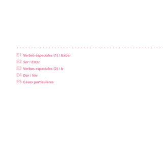 E1 Verbos especiales (1) / Haber
E2 Ser / Estar
E3 Verbos especiales (2) / Ir
E4 Dar / Ver
E5 Casos particulares
 