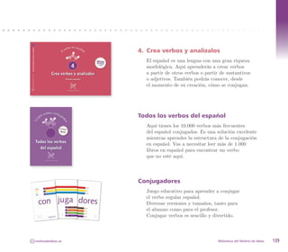 4.	 Crea verbos y analízalos
                          El español es una lengua con una gran riqueza
                          morfológica. Aquí aprenderás a crear verbos
                          a partir de otros verbos o partir de sustantivos
                          o adjetivos. También podrás conocer, desde
                          el momento de su creación, cómo se conjugan.




                        Todos los verbos del español
                          Aquí tienes los 10.000 verbos más frecuentes
                          del español conjugados. Es una solución excelente
                          mientras aprendes la estructura de la conjugación
                          en español. Vas a necesitar leer más de 1.000
                          libros en español para encontrar un verbo
                          que no esté aquí.



                        Conjugadores
                          Juego educativo para aprender a conjugar
                          el verbo regular español.
                          Diversas versiones y tamaños, tanto para
                          el alumno como para el profesor.
                          Conjugar verbos es sencillo y divertido.



CC   molinodeideas.es                                      Biblioteca del Molino de Ideas   139
 