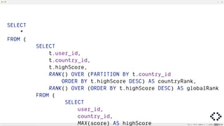 SELECT
*
FROM (
SELECT
t.user_id,
t.country_id,
t.highScore,
RANK() OVER (PARTITION BY t.country_id
ORDER BY t.highScore DESC) AS countryRank,
RANK() OVER (ORDER BY t.highScore DESC) AS globalRank
FROM (
SELECT
user_id,
country_id,
MAX(score) AS highScore
 