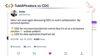 TubiAPIradora vs CDC
☝
Change Data Capture Pattern
Consume
Trigger BD
TubiAPIradora
bit.ly/codely-eda
 