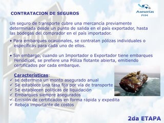 CONTRATACION DE SEGUROS
• Para embarques ocasionales, se contratan pólizas individuales o
específicas para cada uno de ellos.
• Sin embargo, cuando un Importador o Exportador tiene embarques
Periódicos, se prefiere una Póliza flotante abierta, emitiendo
certificados por cada embarque.
Características:
 se determina un monto asegurado anual
 Se establece una tasa fija por vía de transporte
 Se establecen políticas de liquidación
 Embarques siempre asegurados
 Emisión de certificados en forma rápida y expedita
 Rebaja importante de costos
Un seguro de transporte cubre una mercancía previamente
determinada desde un punto de salida en el país exportador, hasta
las bodegas del comprador en el país importador.
 