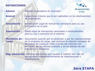 DEFINICIONES
Aduana : Entidad recaudadora de impuesto.
Arancel : respectivos tributos que le son aplicables en las destinaciones
de importación.
Importación : Introducción Legal de mercancía extranjera para su uso
o consumo en el país.
Exportación : Salida legal de mercancías nacionales o nacionalizadas
para su uso o consumo en el exterior.
Manifiesto de : Documento suscrito por el conductor o por los representantes
Carga de la empresa de carga, que contiene la relación completa de
los bultos de cualquier clase a bordo del vehículo con
exclusión de los efectos postales y de los efectos de del
tripulantes y pasajeros.
Reg. aduaneros: sistemas aduaneros que ayudan a realizar otro tipo de
operaciones independientemente de importaciones y
exportaciones.
 