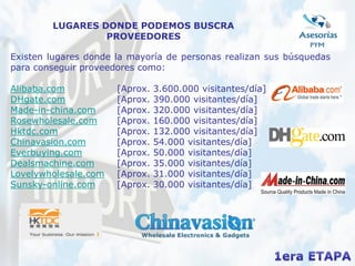 LUGARES DONDE PODEMOS BUSCRA
PROVEEDORES
Existen lugares donde la mayoría de personas realizan sus búsquedas
para conseguir proveedores como:
Alibaba.com [Aprox. 3.600.000 visitantes/día]
DHgate.com [Aprox. 390.000 visitantes/día]
Made-in-china.com [Aprox. 320.000 visitantes/día]
Rosewholesale.com [Aprox. 160.000 visitantes/día]
Hktdc.com [Aprox. 132.000 visitantes/día]
Chinavasion.com [Aprox. 54.000 visitantes/día]
Everbuying.com [Aprox. 50.000 visitantes/día]
Dealsmachine.com [Aprox. 35.000 visitantes/día]
Lovelywholesale.com [Aprox. 31.000 visitantes/día]
Sunsky-online.com [Aprox. 30.000 visitantes/día]
 