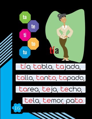 16
ta
te
ti
to
tu
tío, tabla, tajada,
talla, tanto, tapado,
tarea, teja, techo,
tela, temor, pato.
tía
 