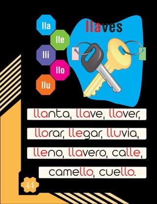 44
llaves
lla
lle
lli
llo
llu
llanta, llave, llover,
llorar, llegar, lluvia,
lleno, llavero, calle,
camello, cuello.
 