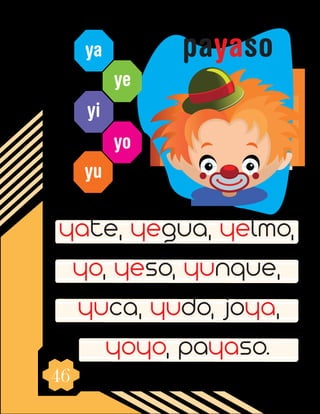 46
ya
ye
yi
yo
yu
yate, yegua, yelmo,
yo, yeso, yunque,
yuca, yudo, joya,
yoyo, payaso.
payaso
 